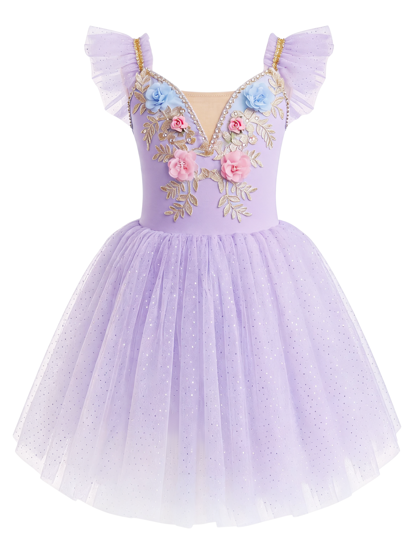 Girls Floral Embroidery Flutter Sleeve Ballet Leotard Princess Tutu Dress-ALP060