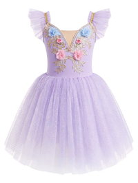 Girls Floral Embroidery Flutter Sleeve Ballet Leotard Princess Tutu Dress-ALP060