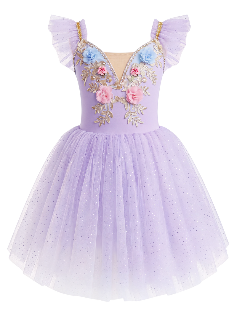 Girls Floral Embroidery Flutter Sleeve Ballet Leotard Princess Tutu Dress-ALP060