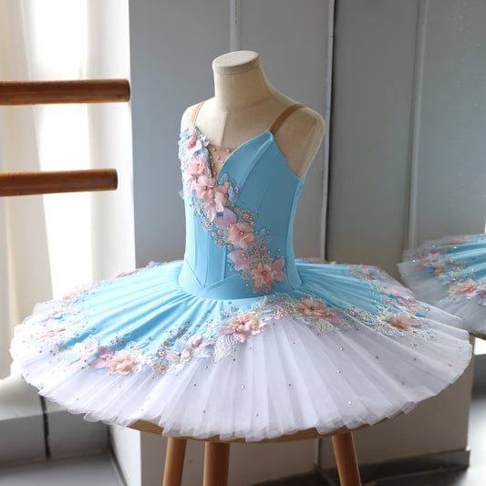 Handmade Pancake Tutu Floral Applique Professional Ballet Stage Performance Costume-MDT1894