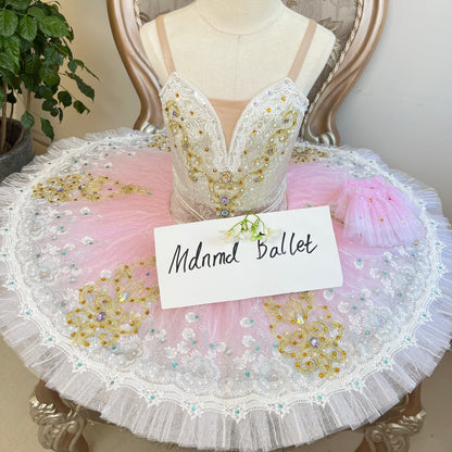Pink Ballet Tutu with Golden Floral Embroidery for Performances - MDT0444