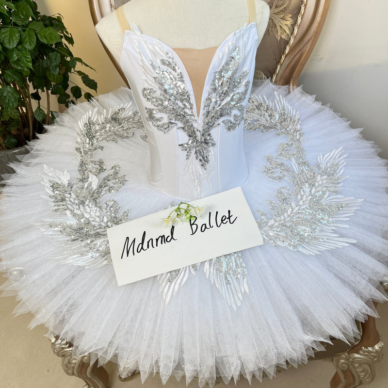 Exquisite White Swan Ballet Tutu Dress with Silver Appliqué Detailing - JYT0019