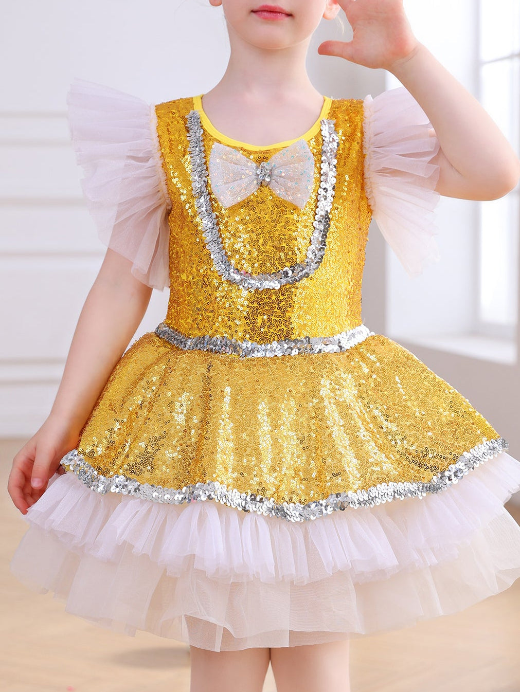 Girls Gold Sequin Ballet Tutu Dress, Puff Sleeve Sparkle Dance Costume-ALP065