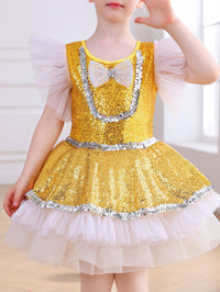 Girls Gold Sequin Ballet Tutu Dress, Puff Sleeve Sparkle Dance Costume-ALP065