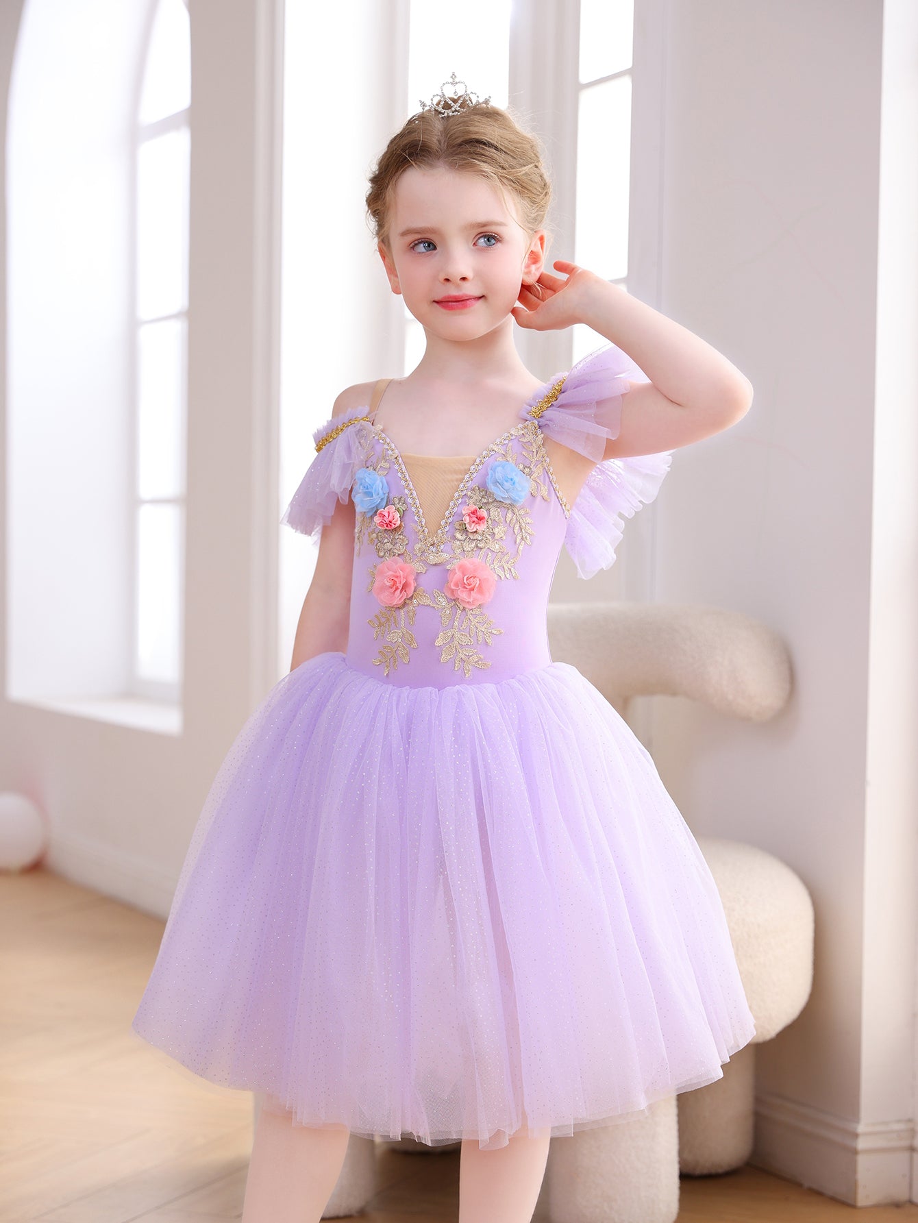 Girls Floral Embroidery Flutter Sleeve Ballet Leotard Princess Tutu Dress-ALP060