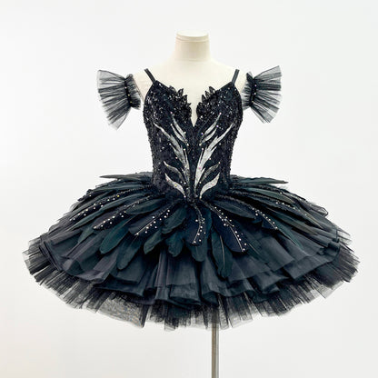 Classic Black Swan Themed Ballet Tutu Stiff Tulle Skirt for Recitals & Competitions Custom Sizes-MDT1679