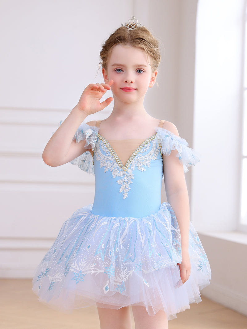 Girls Pink Snowflake Lace Ballet Tutu Dress, Ruffle Sleeve Dance Costume-ALP057