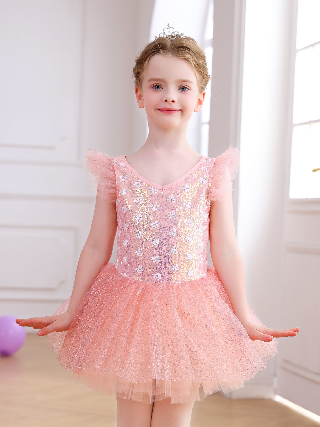 Girls Pink Heart Sequin Ballet Tutu Dress, Sparkly Tulle Dance Costume-ALP055