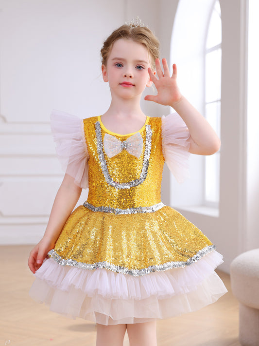 ALP065 Girls' Golden Sequin Princess Dress | Perfect for Birthdays & Dance Performances