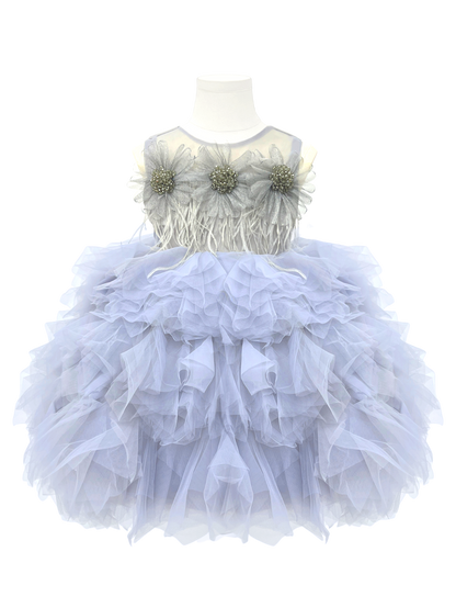 Silver Grey Feather Flower Girl Dress - Tiered Tulle Princess Gown-J288