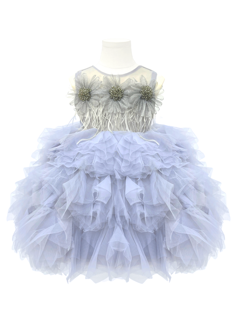 Silver Grey Feather Flower Girl Dress - Tiered Tulle Princess Gown-J288