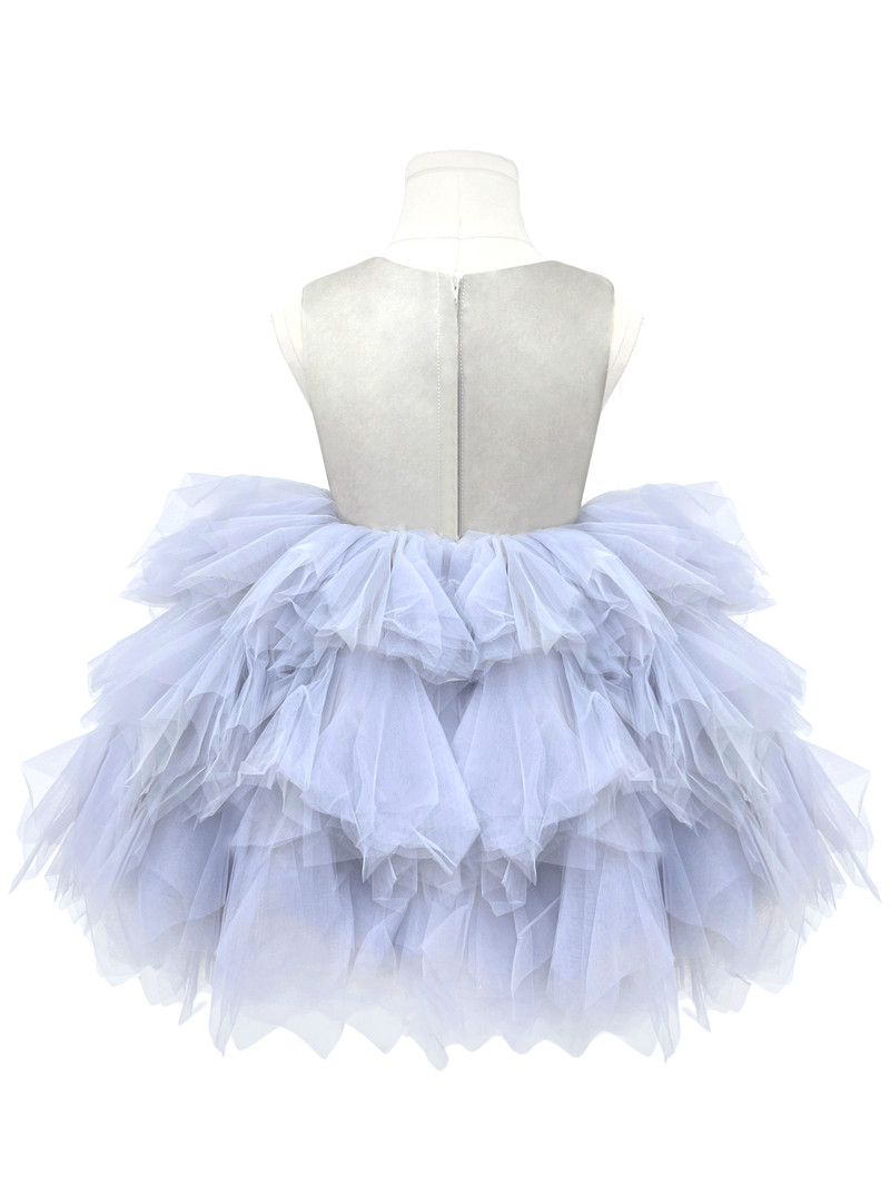 Silver Grey Feather Flower Girl Dress - Tiered Tulle Princess Gown-J288