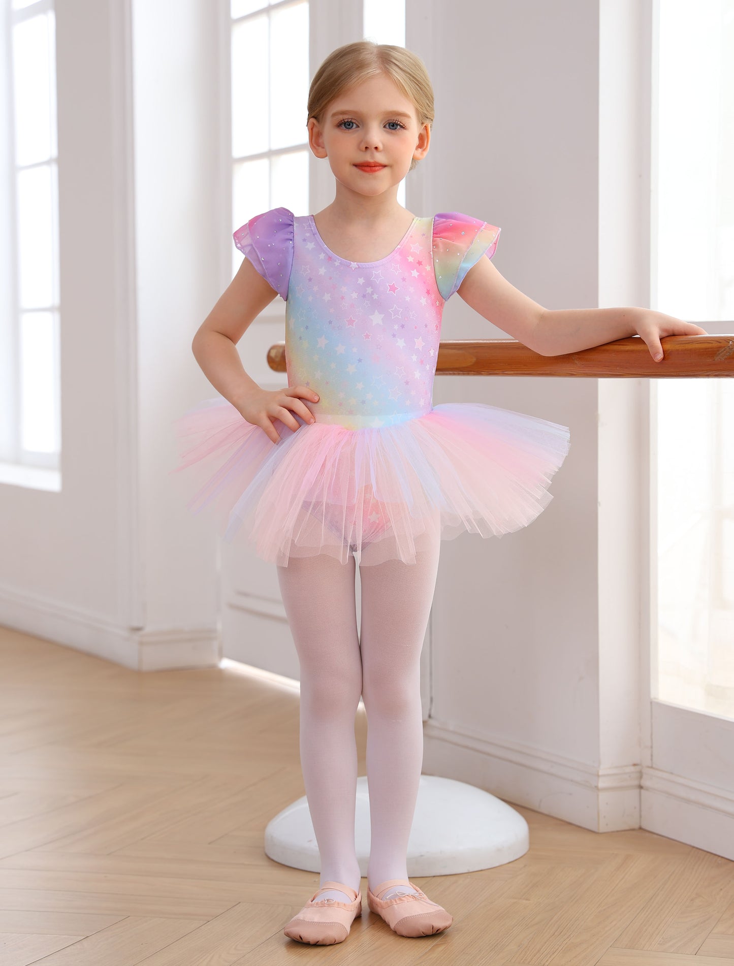 Sparkly Rainbow Twirl Dress | Star-Patterned Dancewear & Gymnastics Leotard | Unicorn Lover's Dream Gift | Ready to Ship!-AM312