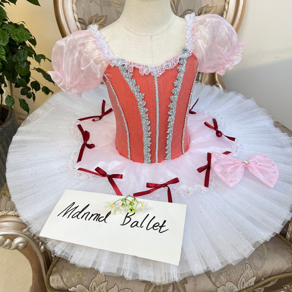 Pink and Coral Ballet Tutu with Puff Sleeves and Bow Accents - MDT1022