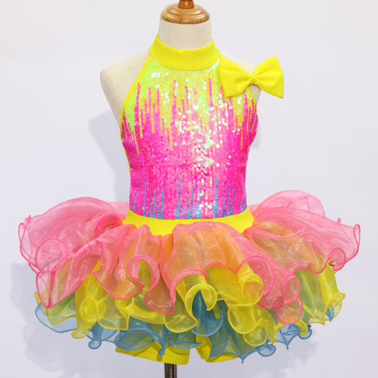 Kids Rainbow Gradient Jazz Dance Outfit Sequin Halter Tutu Skirt for Stage- Size MC| Ready-to-Ship