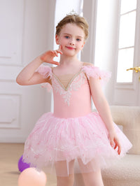 Girls Pink Snowflake Lace Ballet Tutu Dress, Ruffle Sleeve Dance Costume-ALP057