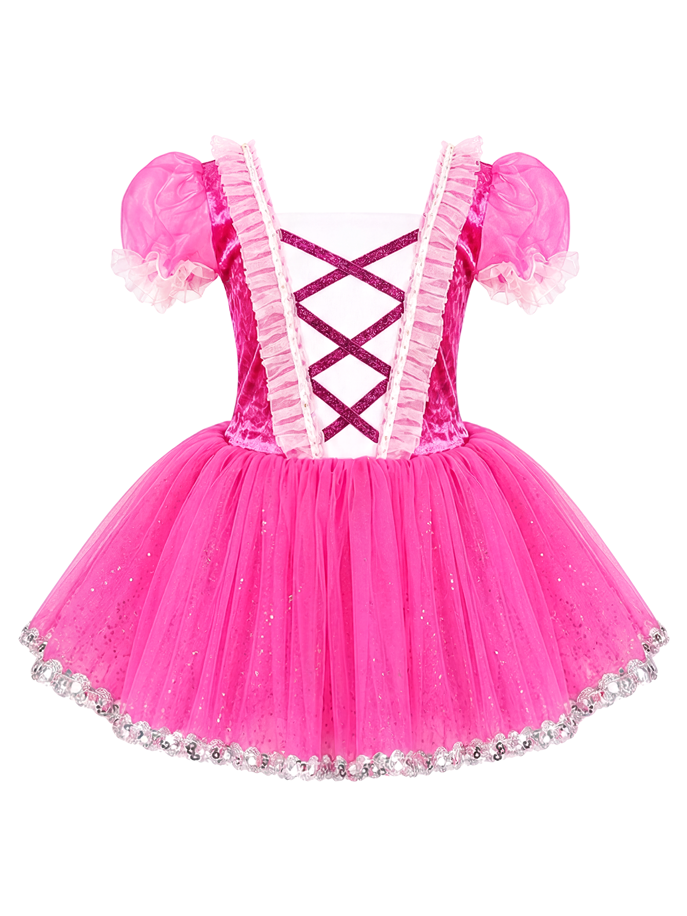 Girls Hot Pink Velvet Puff Sleeve Glitter Tulle Ballet Tutu Dress