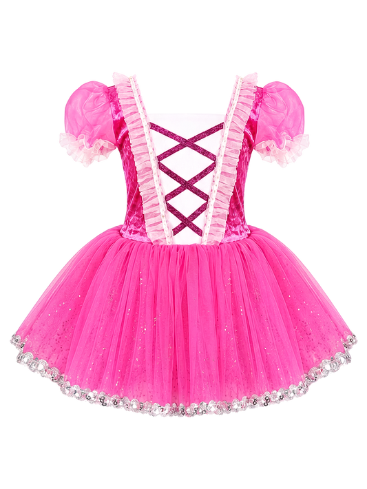 Girls Hot Pink Velvet Puff Sleeve Glitter Tulle Ballet Tutu Dress