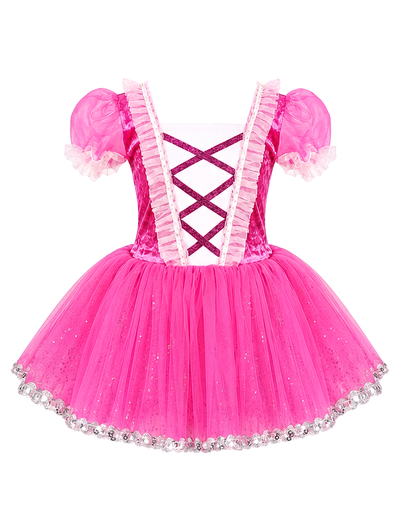 Girls Hot Pink Velvet Puff Sleeve Glitter Tulle Ballet Tutu Dress