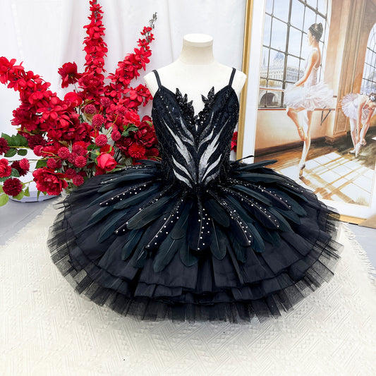 Classic Black Swan Themed Ballet Tutu Stiff Tulle Skirt for Recitals & Competitions Custom Sizes-MDT1679