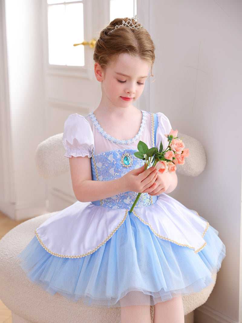 Girls Puff Sleeve Heart Glitter Ballet Leotard Princess Tutu Dress-ALP069