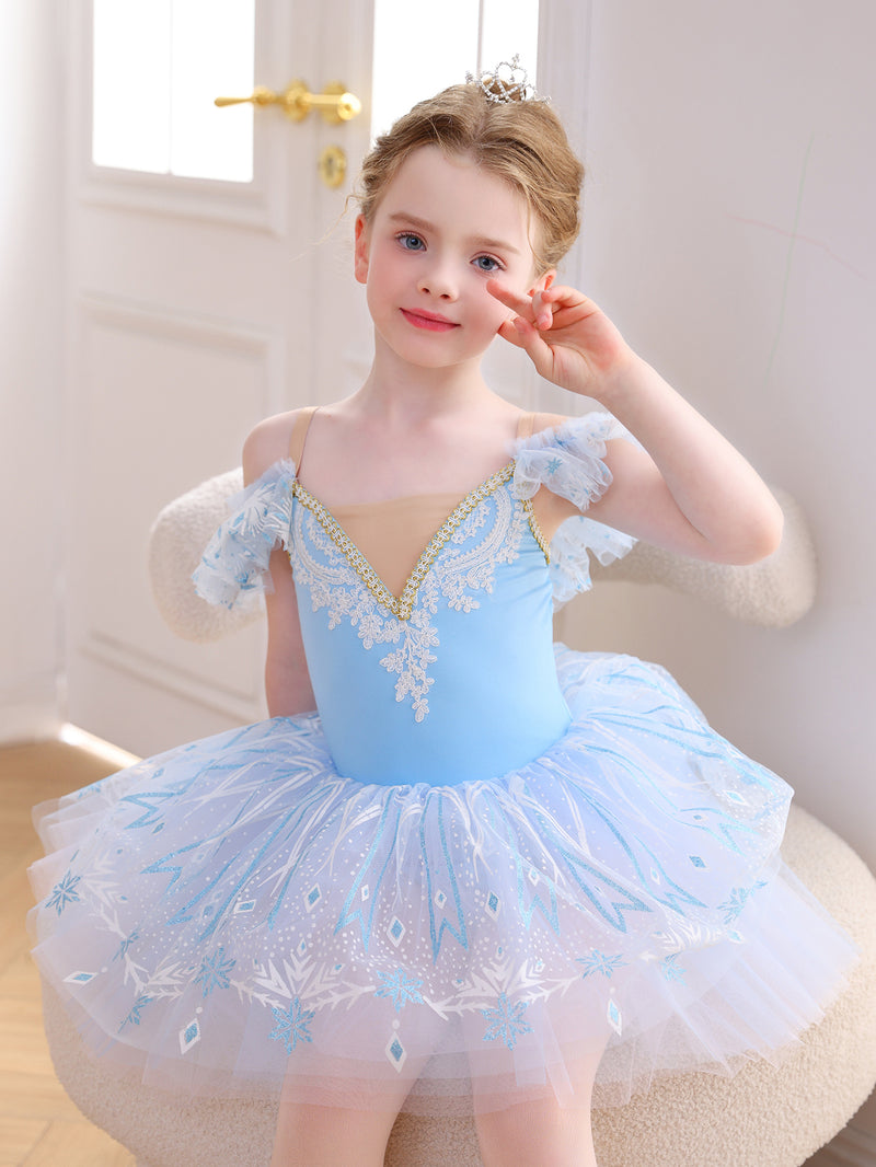 Girls Pink Snowflake Lace Ballet Tutu Dress, Ruffle Sleeve Dance Costume-ALP057