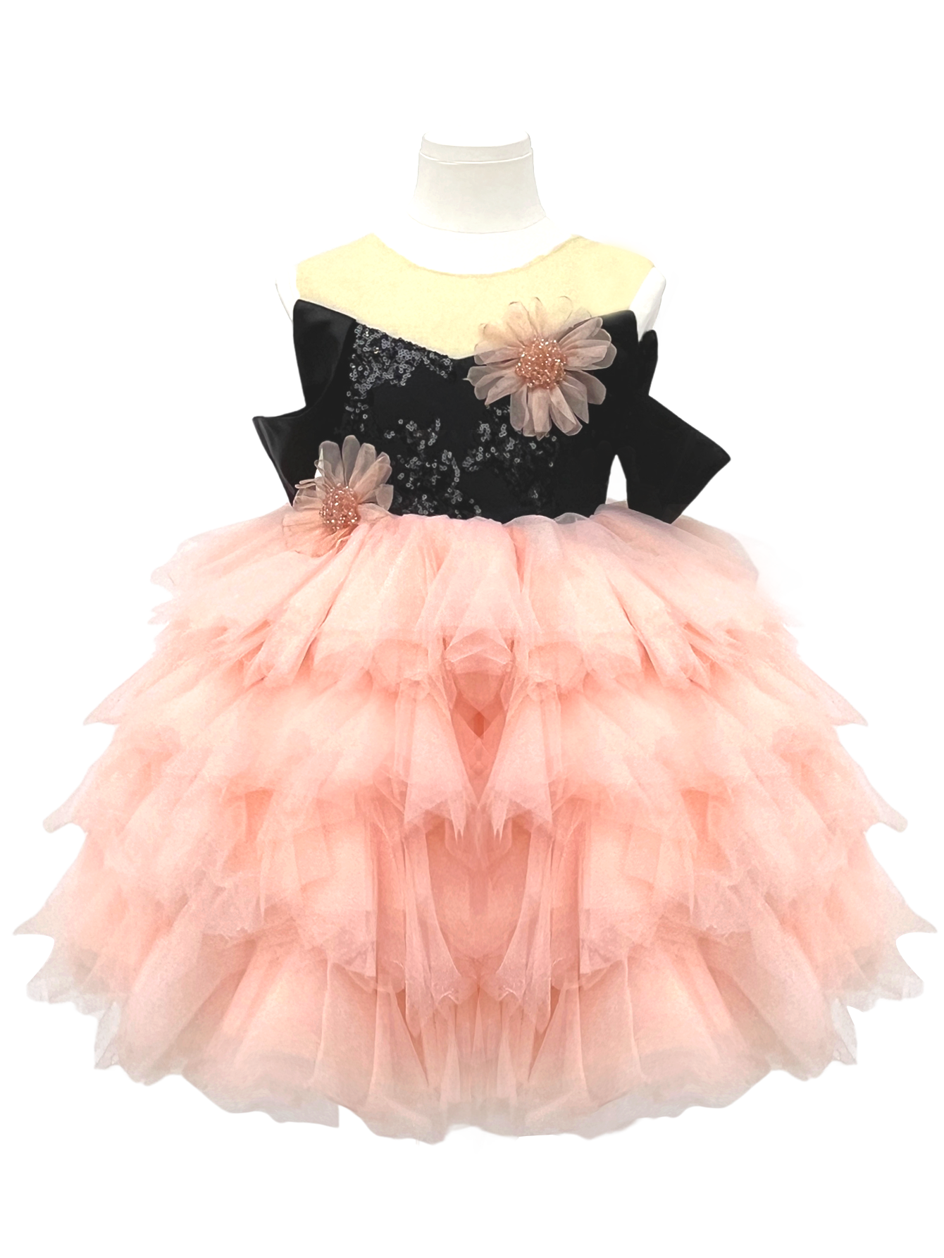 Black & Peach Sequin Tiered Tulle Flower Girl Dress-J271