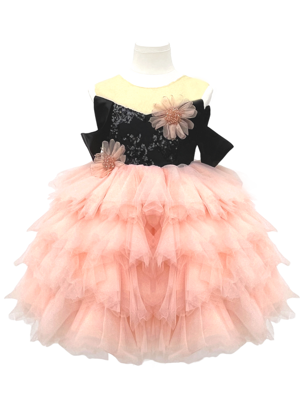 Black & Peach Sequin Tiered Tulle Flower Girl Dress-J271