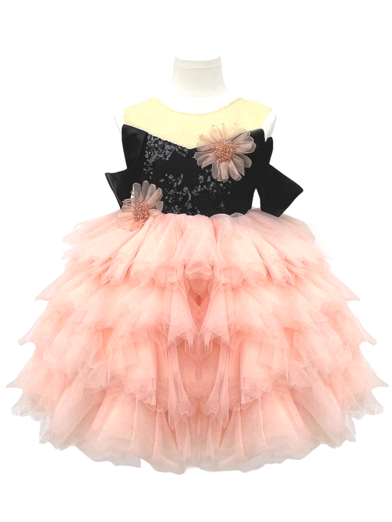 Black & Peach Sequin Tiered Tulle Flower Girl Dress-J271