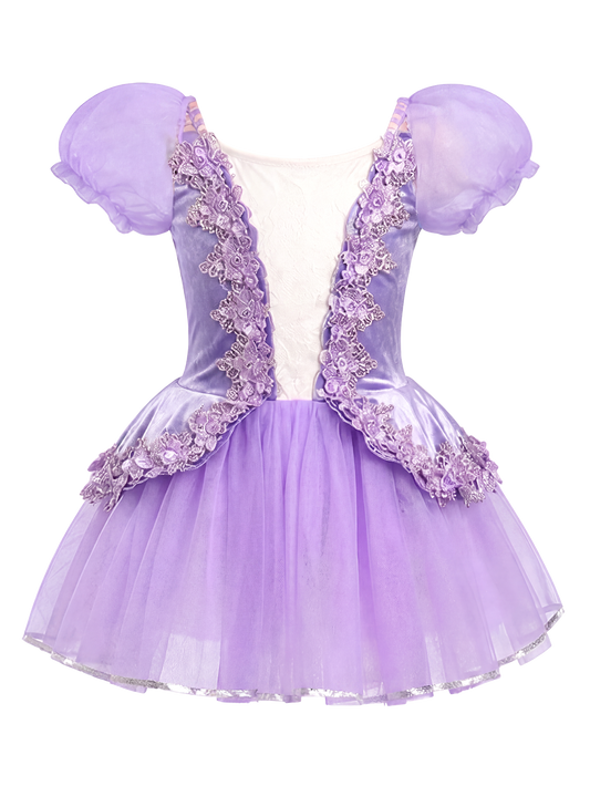 Girls Lavender Velvet Puff Sleeve Floral Lace Ballet Tutu Dress