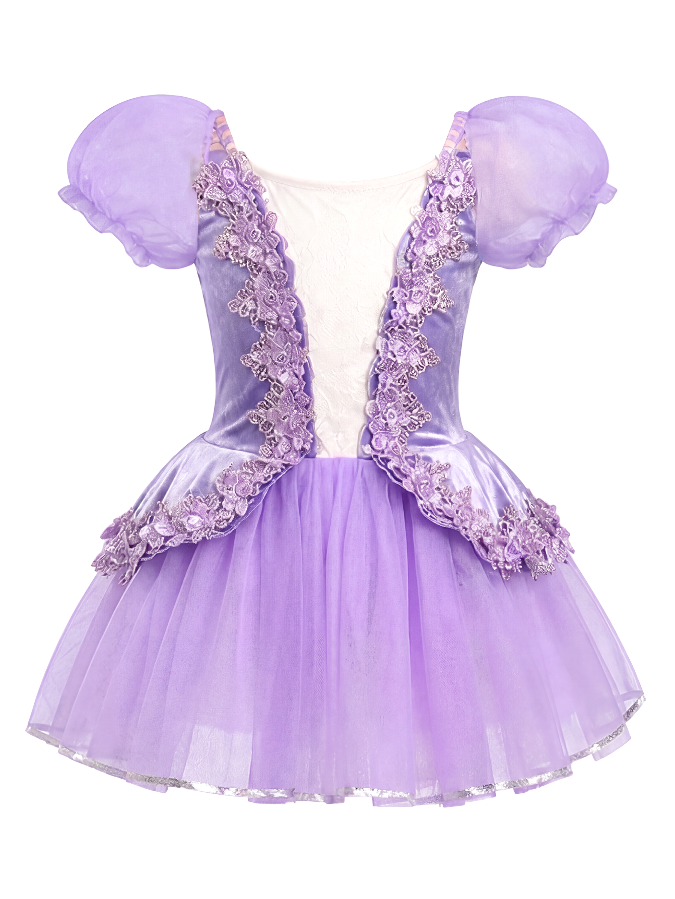 Girls Lavender Velvet Puff Sleeve Floral Lace Ballet Tutu Dress