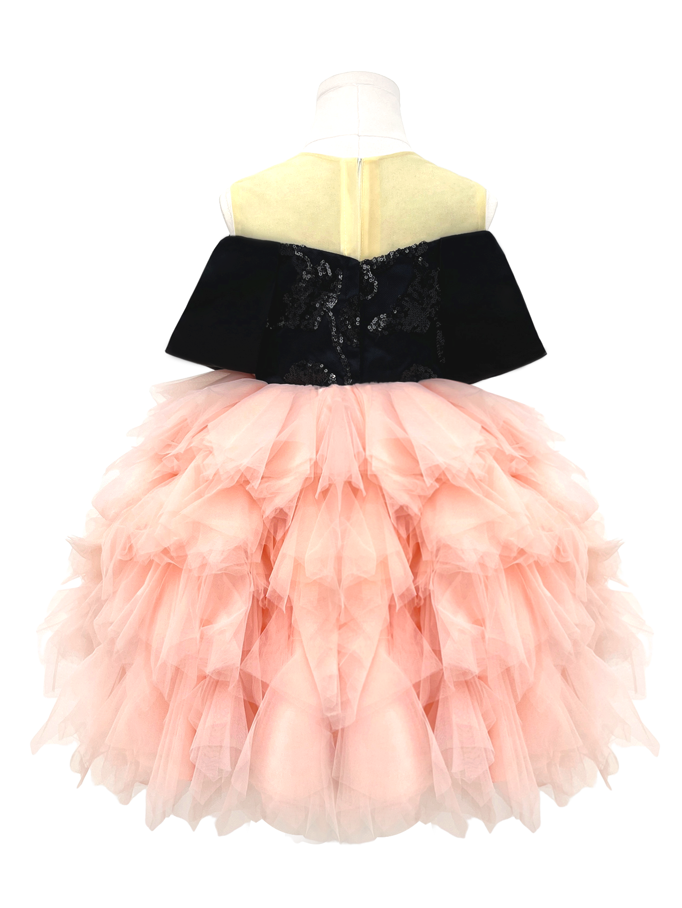 Black & Peach Sequin Tiered Tulle Flower Girl Dress-J271