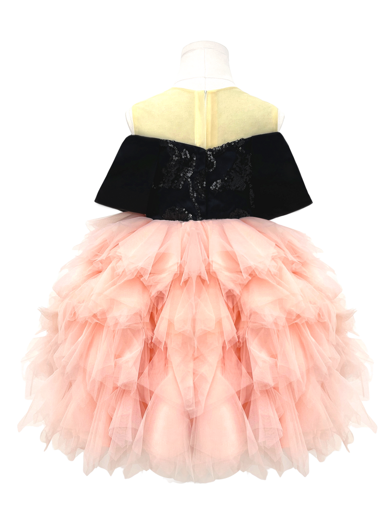 Black & Peach Sequin Tiered Tulle Flower Girl Dress-J271