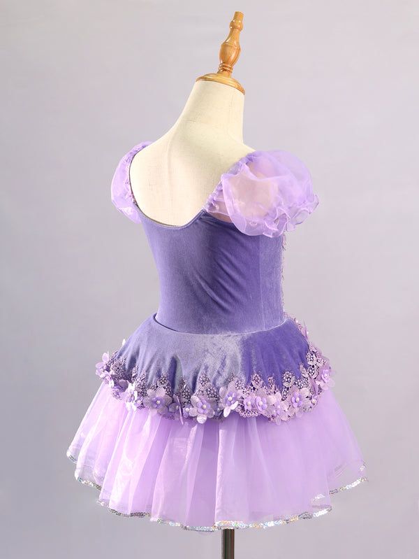 Girls Lavender Velvet Puff Sleeve Floral Lace Ballet Tutu Dress