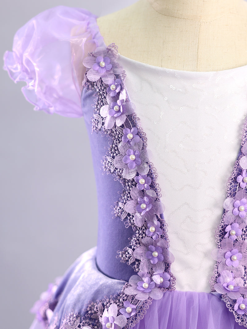 Girls Lavender Velvet Puff Sleeve Floral Lace Ballet Tutu Dress
