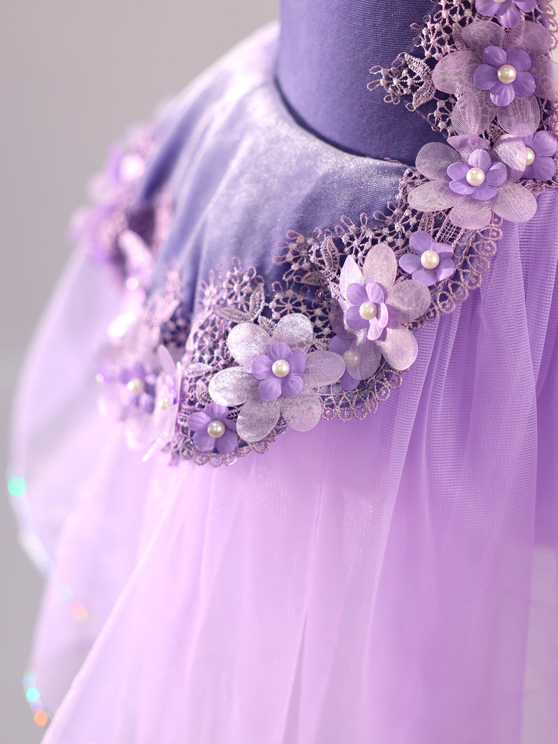 Girls Lavender Velvet Puff Sleeve Floral Lace Ballet Tutu Dress