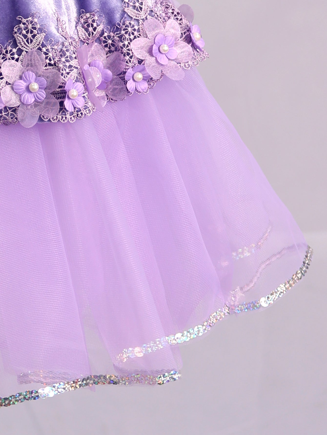 Girls Lavender Velvet Puff Sleeve Floral Lace Ballet Tutu Dress