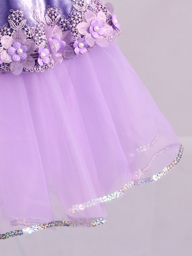 Girls Lavender Velvet Puff Sleeve Floral Lace Ballet Tutu Dress