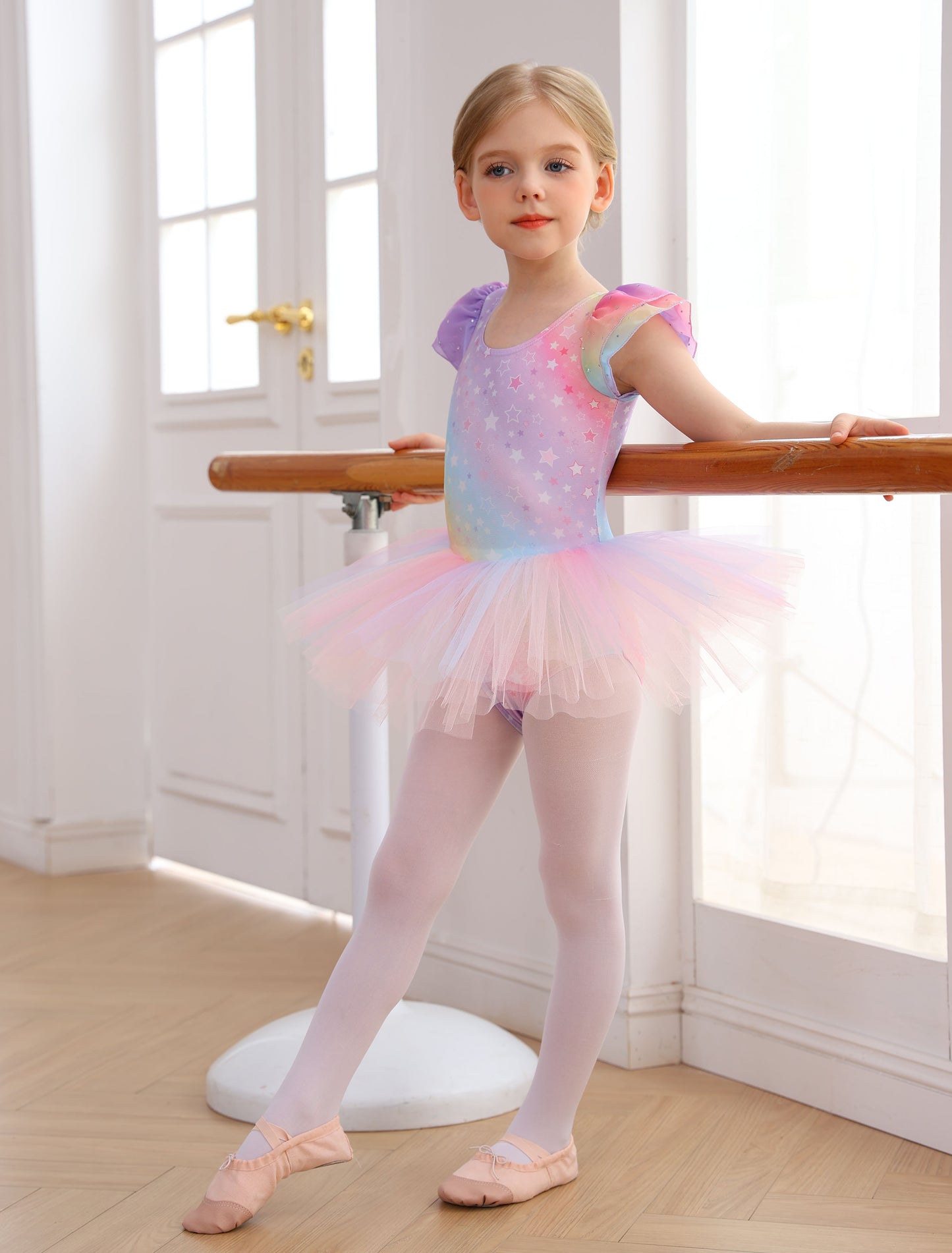 Sparkly Rainbow Twirl Dress | Star-Patterned Dancewear & Gymnastics Leotard | Unicorn Lover's Dream Gift | Ready to Ship!-AM312