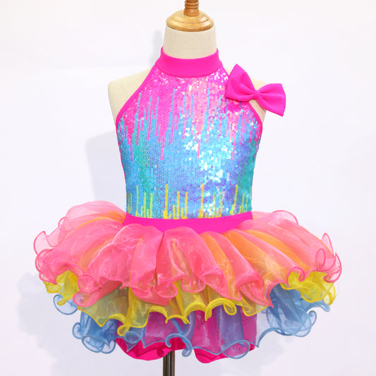 Kids Rainbow Gradient Jazz Dance Outfit Sequin Halter Tutu Skirt for Stage- Size MC| Ready-to-Ship