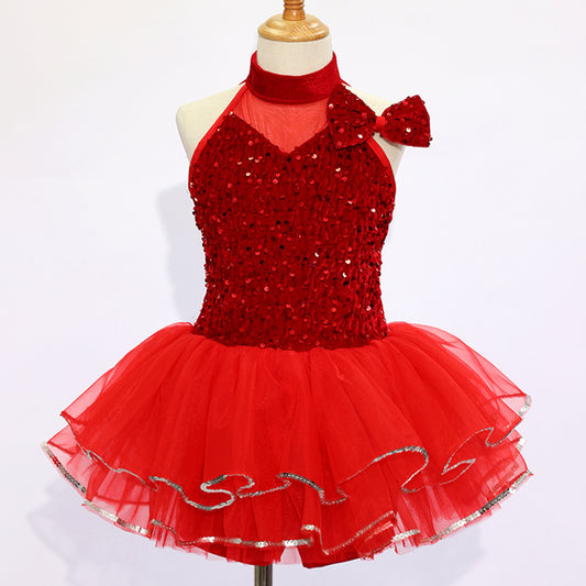 Kids Red Jazz Dance Skirt Sequins Dance Outfits- Size MC| Ready-to-Ship