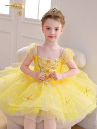 Girls Yellow Bow & Sequin Ballet Tutu Dress, Puff Sleeve Dance Costume-ALP078