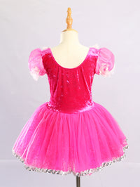 Girls Hot Pink Velvet Puff Sleeve Glitter Tulle Ballet Tutu Dress