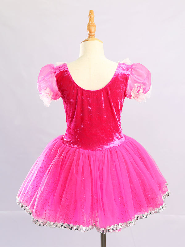 Girls Hot Pink Velvet Puff Sleeve Glitter Tulle Ballet Tutu Dress
