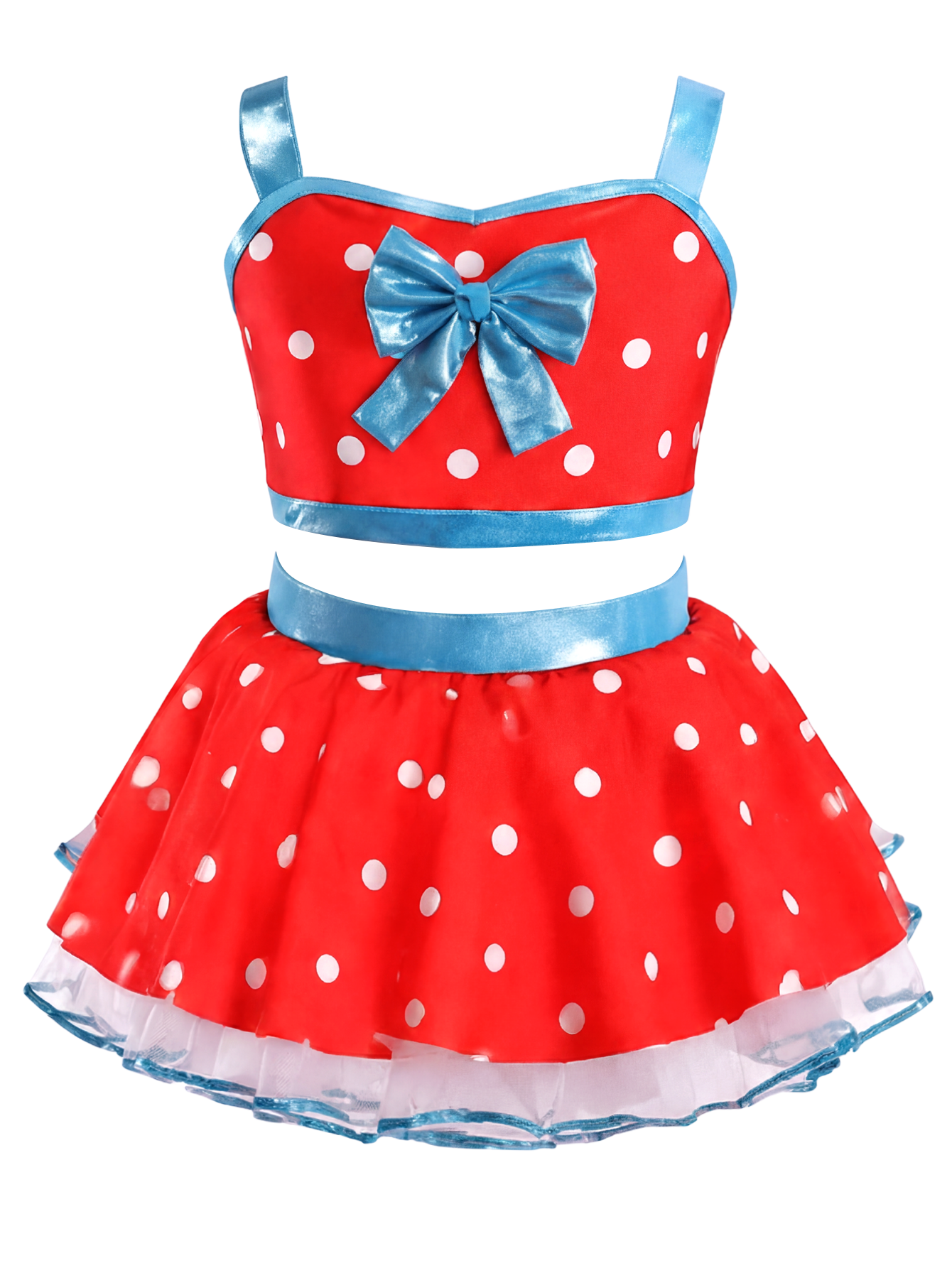 Girls Red Polka Dot Blue Bow 2 Piece Tutu Dance Costume