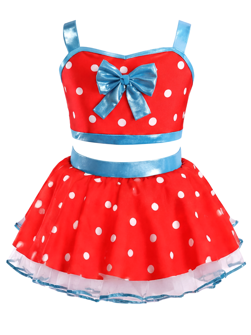 Girls Red Polka Dot Blue Bow 2 Piece Tutu Dance Costume