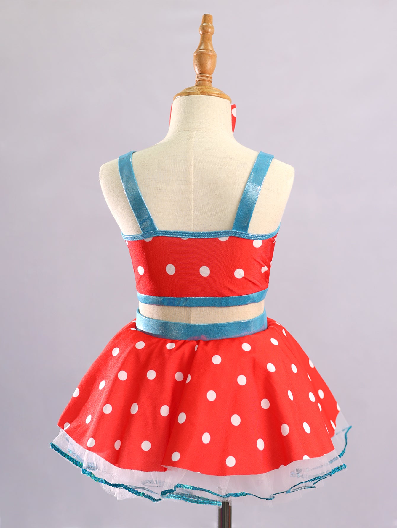 Girls Red Polka Dot Blue Bow 2 Piece Tutu Dance Costume