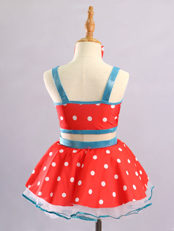 Girls Red Polka Dot Blue Bow 2 Piece Tutu Dance Costume