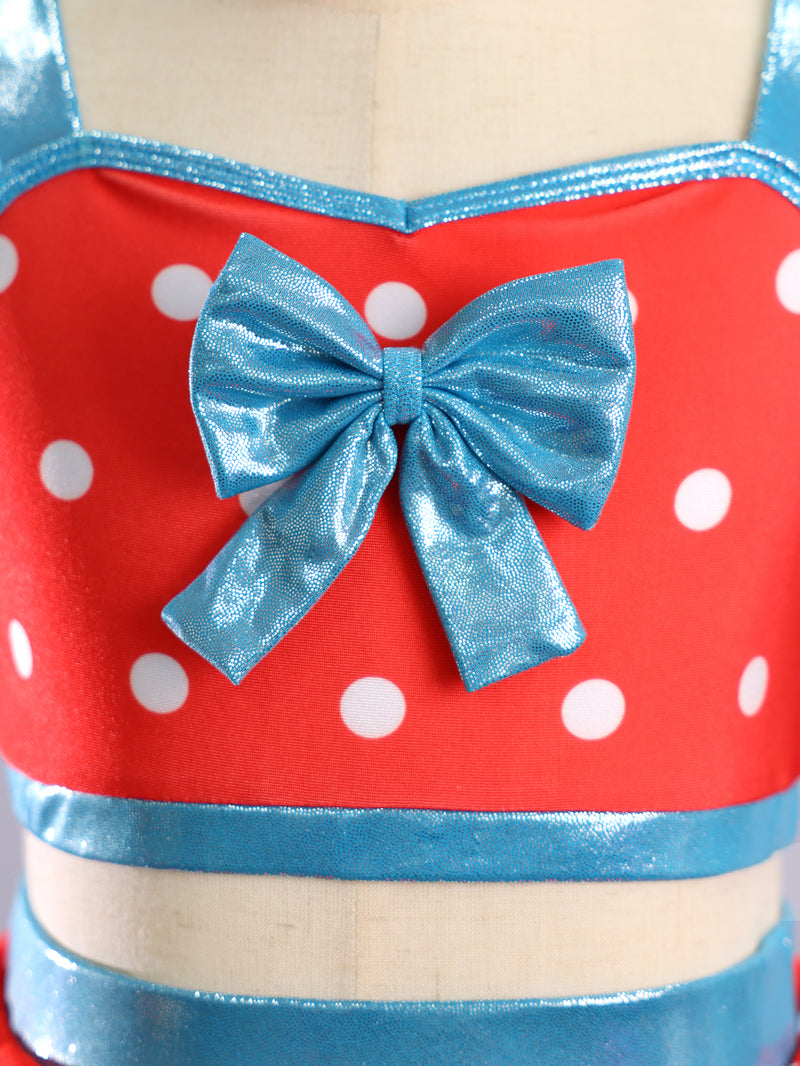 Girls Red Polka Dot Blue Bow 2 Piece Tutu Dance Costume