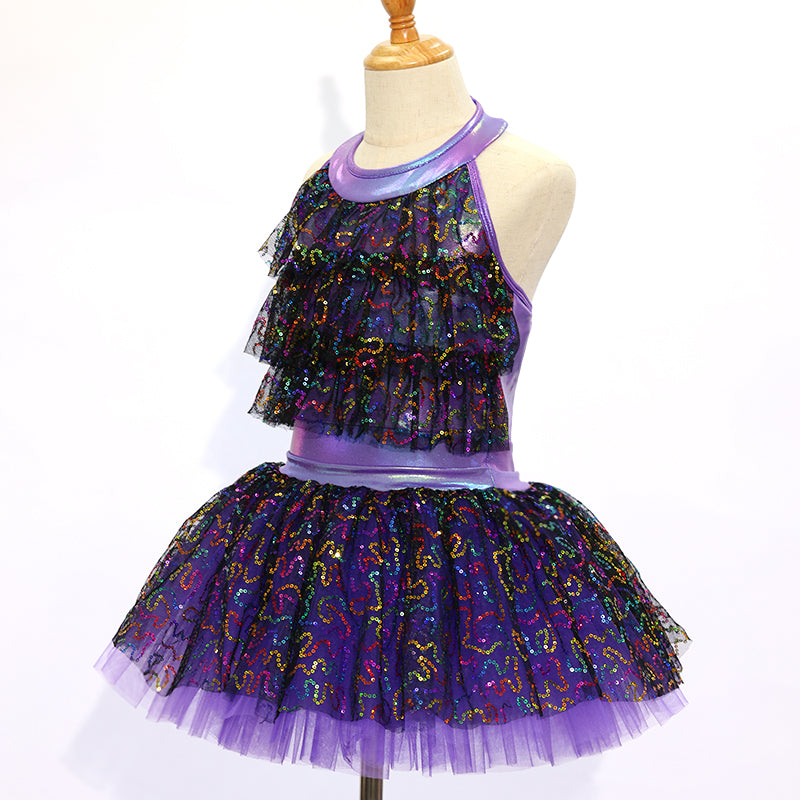 Purple Sequin Kids Jazz Dance Costume JSP020